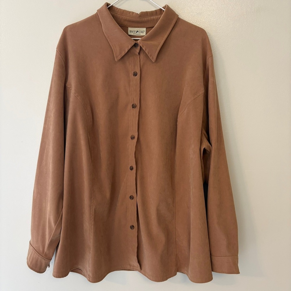 White Stag Woman Brown Faux Suede Button Down Shirt Long Sleeve 1X Plus
